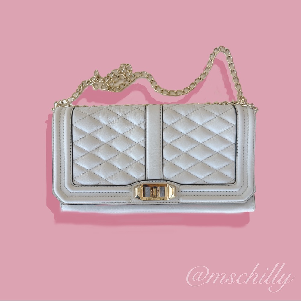 HOLD Rebecca Minkoff Love Quilted Crossbody Shoulder Bag Gray Beige Cream Taupe - Picture 1 of 11